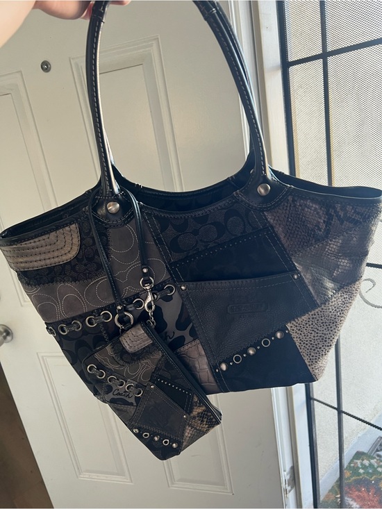 Coach Handbags - Coach Patchwork Black Animal Print Bleaker Tote with Wristlet Set